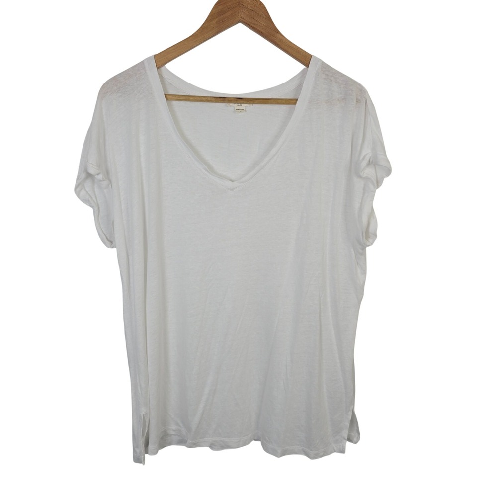 NZT Nic+Zoe Womens White Linen Viscose V-Neck Short Sleeve Relaxed Tee Shirt L